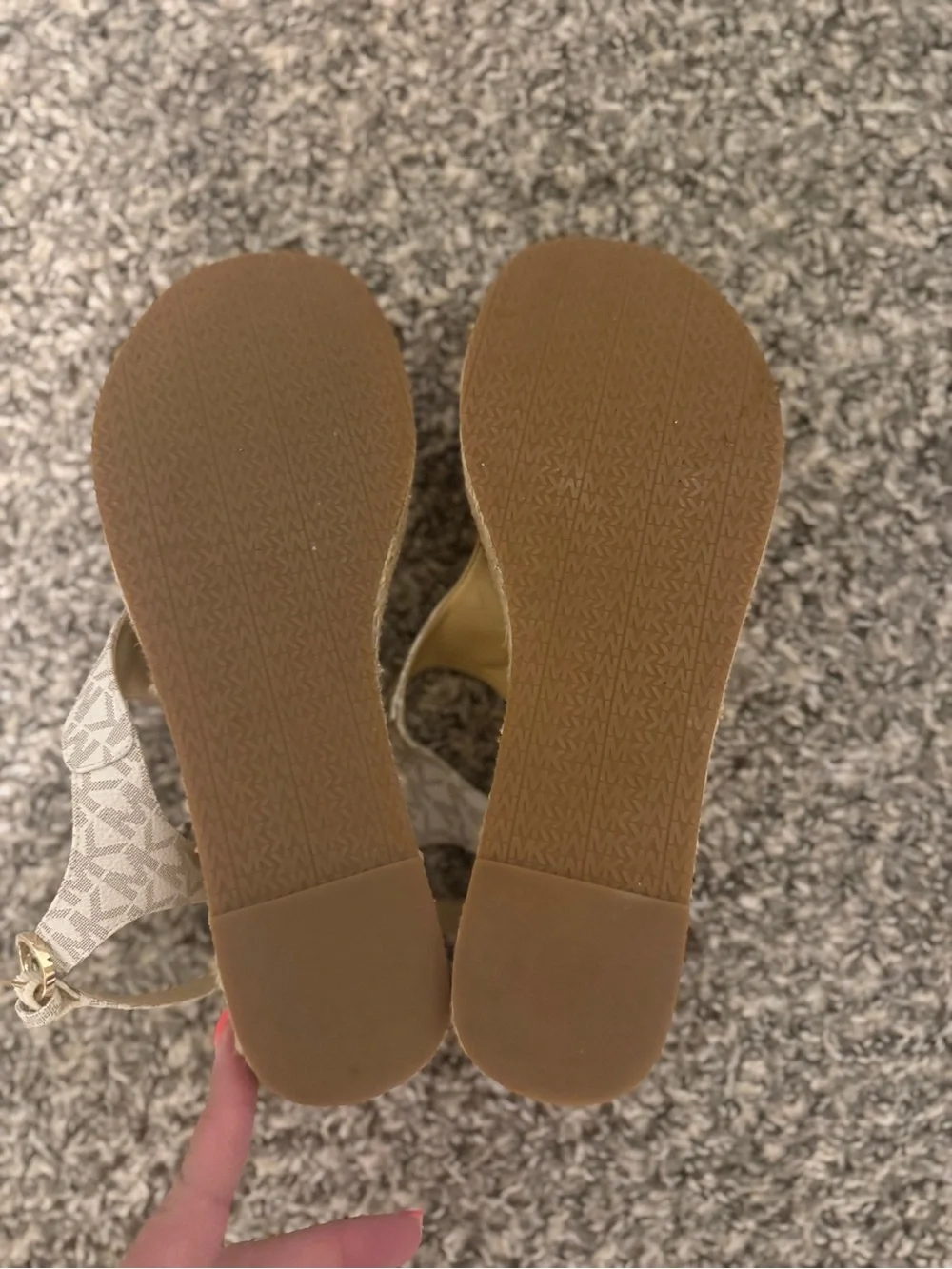 Michael Kors Beige Logo T-Strap Sandals with Gold Accent